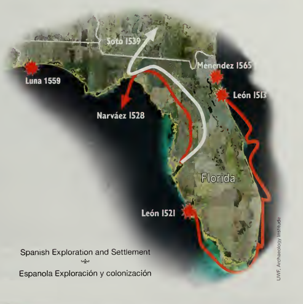 Map showing the routes and settlement sites of Spanish explorers during the colonial era, including Hernando de Soto. From the Division of Historical Resources’ booklet titled Florida Spanish Colonial Heritage Trail (2009) Map showing the routes and settlement sites of Spanish explorers during the colonial era, including Hernando de Soto. From the Division of Historical Resources’ booklet titled Florida Spanish Colonial Heritage Trail (2009)