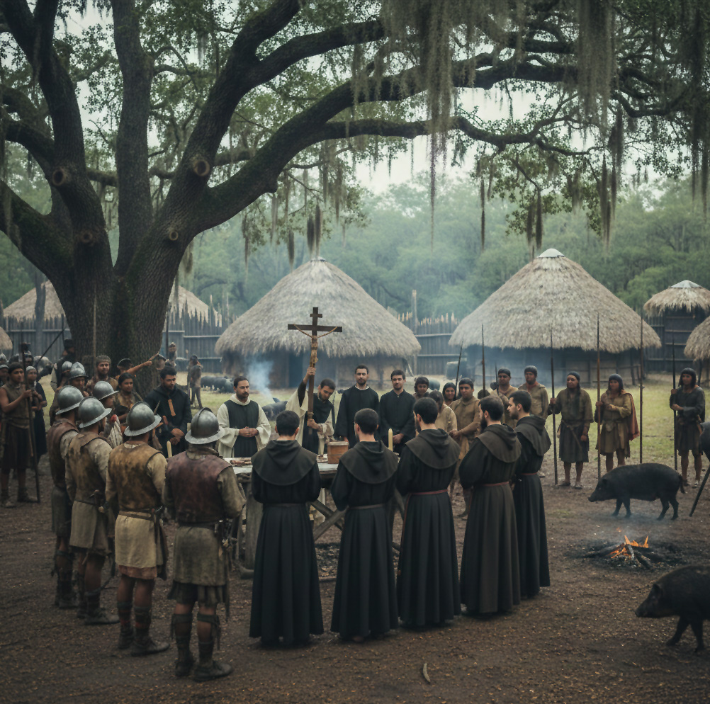 Spanish soldiers and priests gather for a solemn Christmas Mass at the village of Anhaica, located in modern-day Tallahassee, December 1539 Spanish soldiers and priests gather for a solemn Christmas Mass at the village of Anhaica, located in modern-day Tallahassee, December 1539